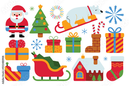 Colorful Christmas Cartoon Featuring Santa Claus, Sleigh, Polar Bear, Presents and Holiday Decorations
