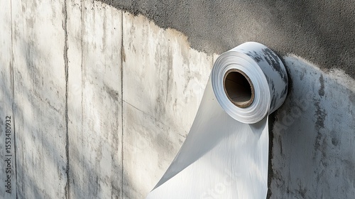 Roll of white vapor barrier insulation against a textured concrete foundation wall