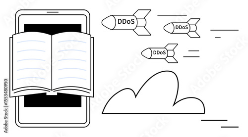 Open book on smartphone representing knowledge, DDoS attack rockets aimed at a cloud indicating online threats. Ideal for technology, cybersecurity, education, data protection, internet safety