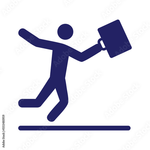 Stylized Icon of a Businessman Tripping with Briefcase Dark Blue on White