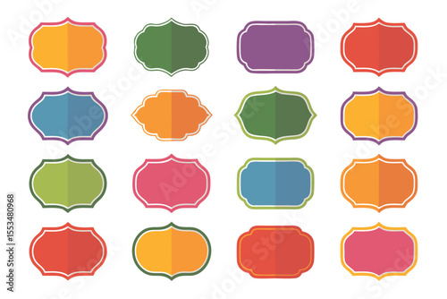 Colorful Collection Sixteen Flat Design Decorative Frames, Assorted Shapes and Bright Hues on White