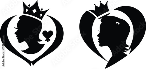Royal Queen Silhouette with Heart Motif Minimalist Black Vector Logo