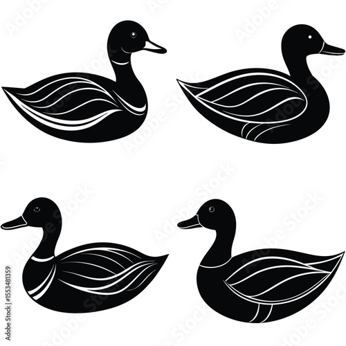 Four stylized black ducks with white feather details on white background
