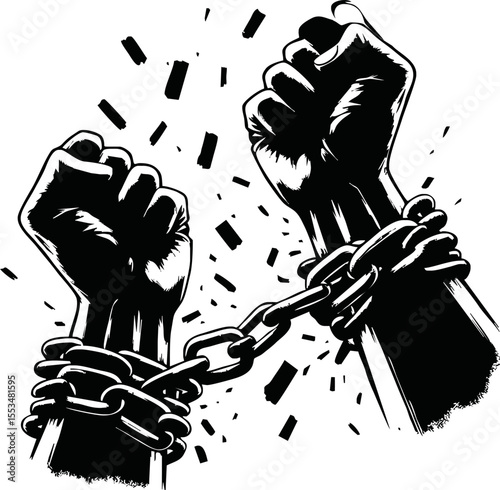 Human rights day. International peace. Silhouette of hand is breaking chain. Concept of freedom from oppression, slavery, equality. Cartoon flat style design on white background. Vector illustration.