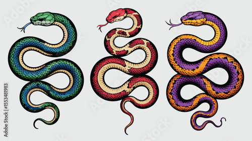 Three Coiled Snakes with Colorful Scales and Protruding Tongues on a White Background