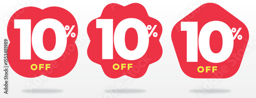 10% off, shop, marketing, promo, price, advertising, offer, store, retail, ticker, special, label, tag, store, red. Set, vector, icon