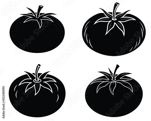 Four black silhouette tomatoes with detailed stems and leaves