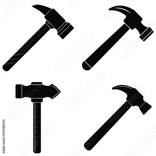 Collection of black silhouette hammers and sledgehammer on white background