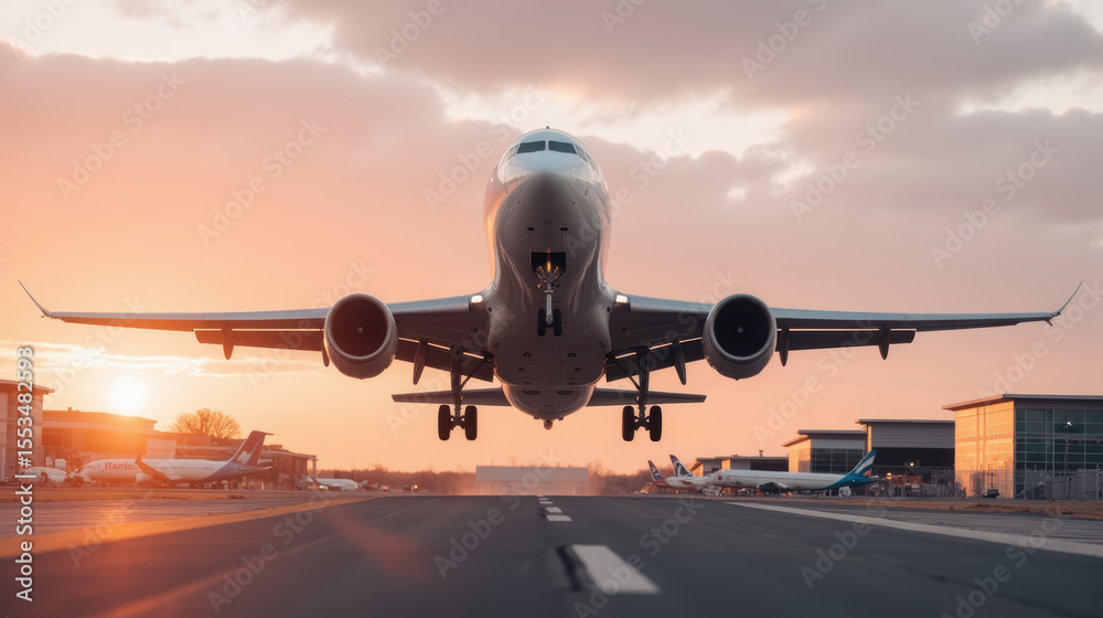 Naklejka premium Commercial airplane takes off at sunset, showcasing stunning view of aircraft against colorful sky. scene captures excitement of air travel