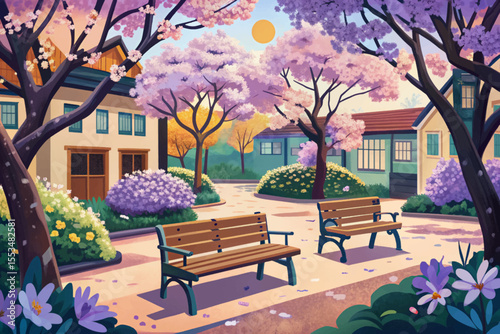 Springtime garden with blooming cherry blossoms and wooden benches vector, perfect for seasonal designs, tranquil nature illustrations, and outdoor relaxation concepts