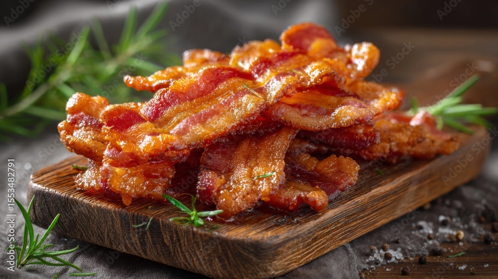 Fototapeta premium Golden, crispy bacon strips hanging over the edge of a wooden plate, with grease glistening on the surface and a side of herbs.