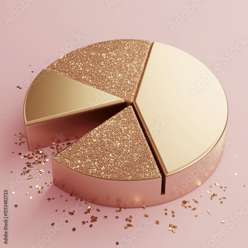 Golden glitter pie chart on pastel pink background – perfect for luxury data visualization, finance presentation design, cosmetic marketing, or fashion industry analytics use cases