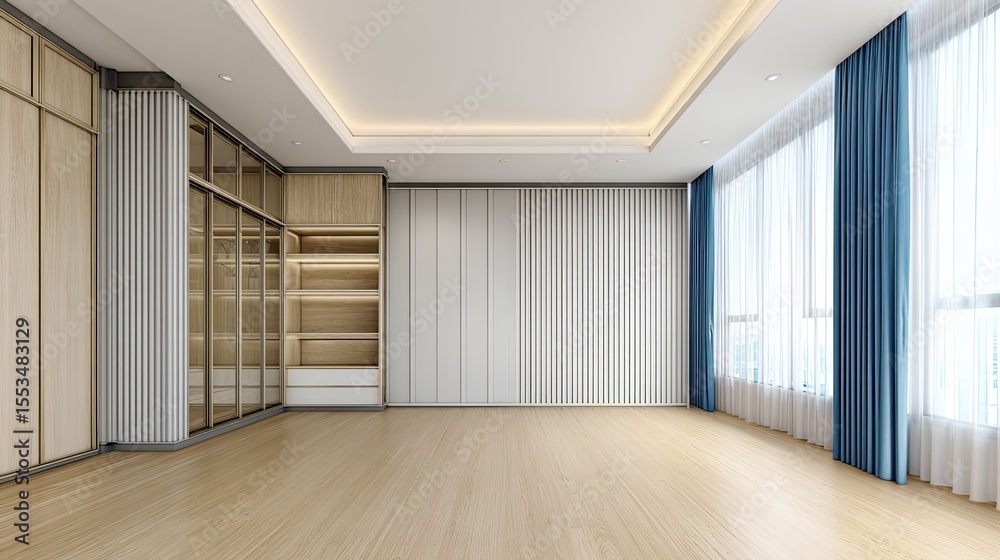 Fototapeta premium Modern Empty Room Interior with Wooden Wall Accents and Blue Curtains