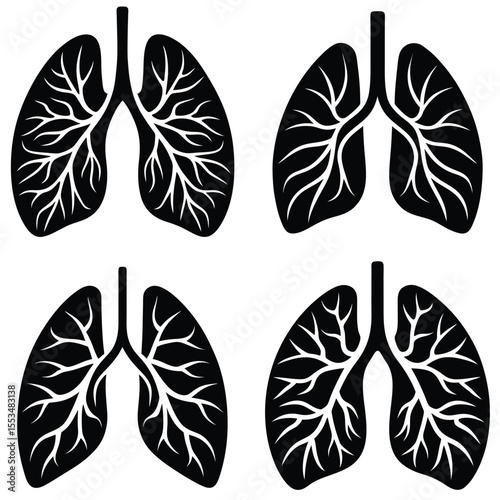 Stylized black and white silhouettes of human lungs with branching veins