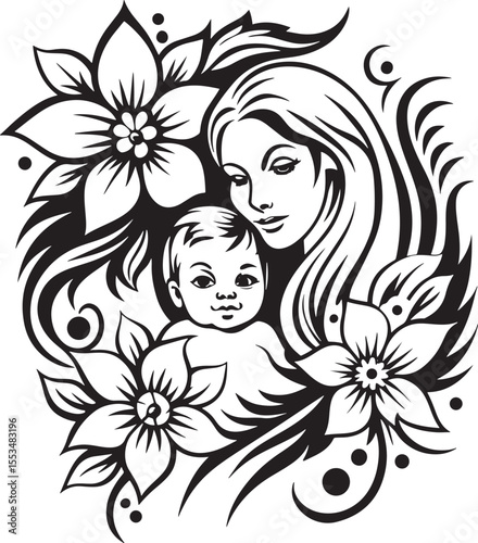 Mom holding toddler vector art