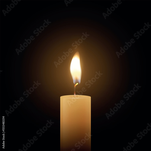 Realistic Vector Candle Flame Clipart on Black Background. Single Wax Pillar Candle with Soft Warm Glow and Flickering Flame, Ambient Lighting Design Template for Web, Print, Logo Design