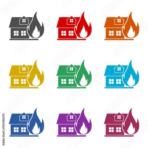Fire in burning house icon isolated on white background. Set icons colorful