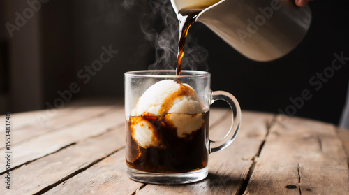 Affogato coffee with ice cream on a glass cup Grey slate background