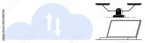 Cloud with arrows representing data transfer, laptop symbolizing technology, and justice scale depicting fairness. Ideal for technology, data sharing, cloud services, justice, balance, innovation