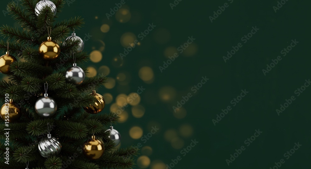 Fototapeta premium Christmas tree decorated with silver and gold ornaments on green background 