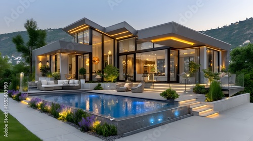 Elegant architecture with scenic natural backdrop high resolution photo