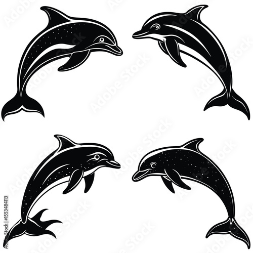 Four stylized black dolphins leaping and interacting in a whimsical design
