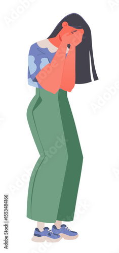 Theme of despair, uncontrolled state of sadness and one of manifestations of depression. Very upset girl crying, hiding face in her hands. Entire figure of character reflects her despair.