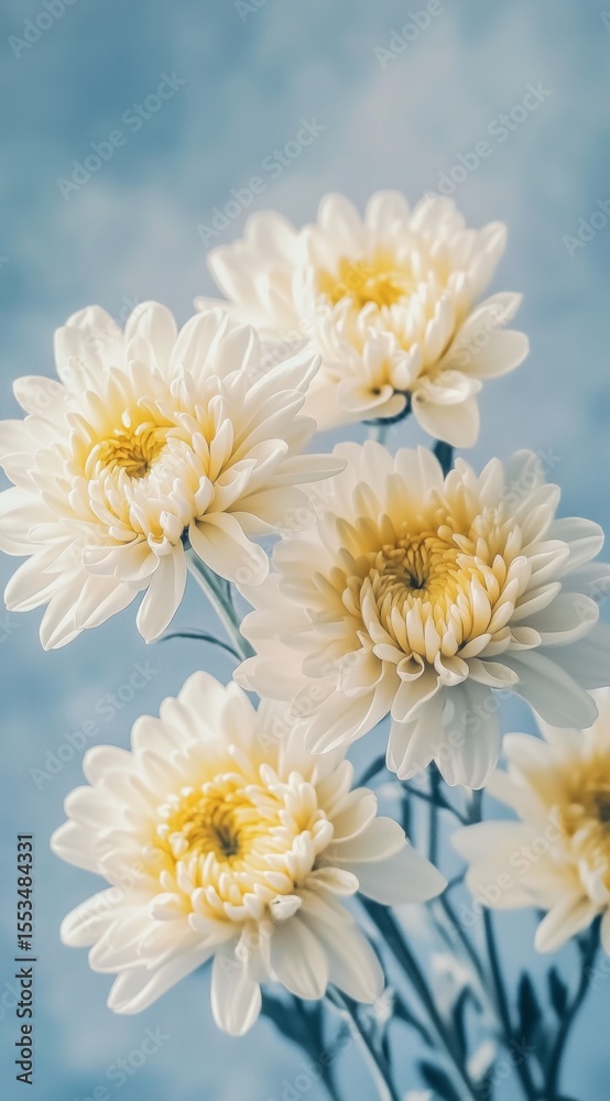 Fototapeta premium White chrysanthemums on a blue background – ideal for sympathy cards, spring-themed designs, floral shop promotions, or wellness visuals