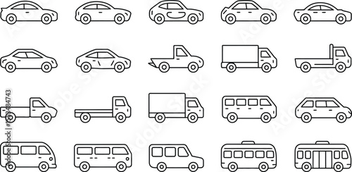 Transportation Icons Featuring Cars, Trucks, and Vans