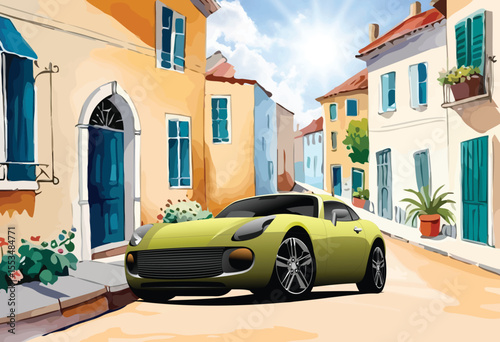 037-06-Green sports car parked on a narrow street in a picturesque european town with colorful buildings, evoking a sense of travel and leisure
