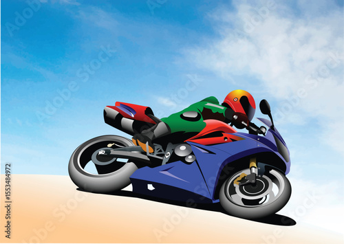 037-09-Professional motorcyclist speeding on a colorful sport bike under a bright blue sky