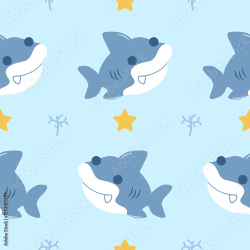 Vector seamless pattern with cute shark.Design for textile, fabric, wrapping, wallpaper, print. Vector illustration