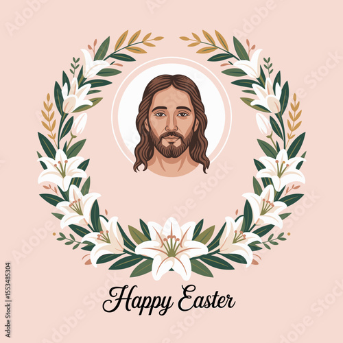 Jesus Christ with floral wreath on pastel Easter vector background