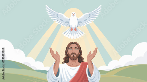 Jesus Christ releasing a dove into the sky, Easter vector background