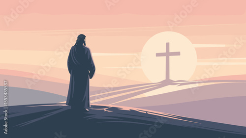 Jesus silhouette facing cross at sunrise on peaceful hillside, Jesus and cross, vector background