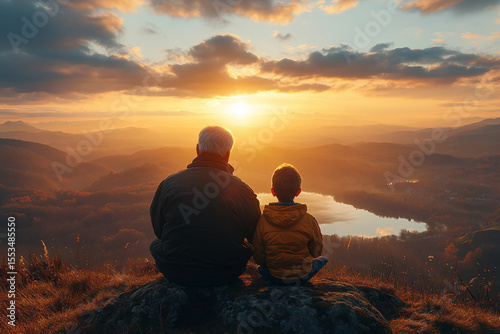 Parent and Child Sitting in a Field Under a Starry Sky Enjoying a Peaceful Night – Generative AI