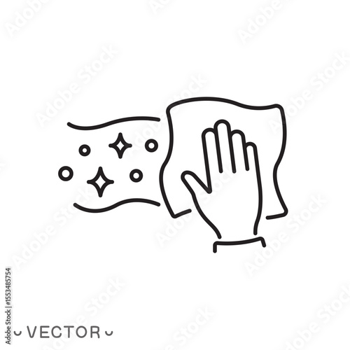wipe by hand icon, clean floor, wet wipe and shiny surface, wet cleaning, thin symbol isolated on white background, editable stroke eps 10 vector illustration