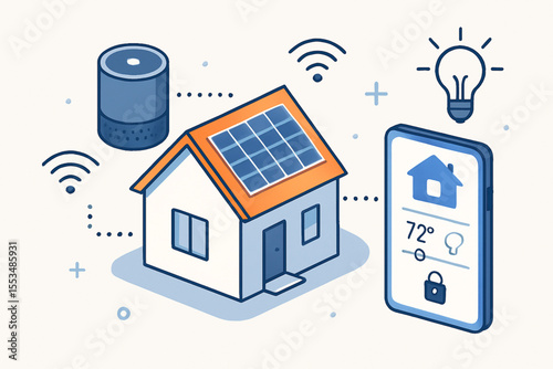 Smart home technology illustration, showing a house with solar panels, connected to a smart speaker, phone app, and lightbulb.
