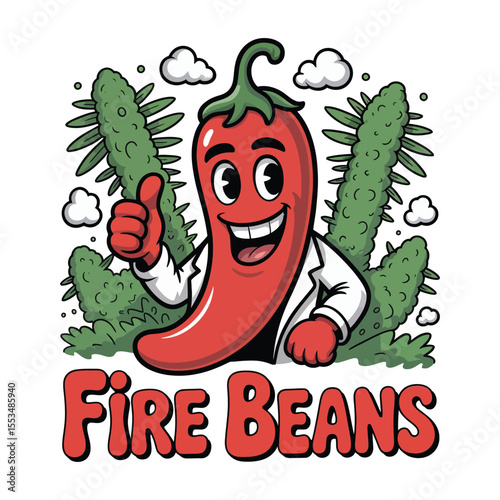 Fun cartoon chili pepper character with thumbs up surrounded by green foliage