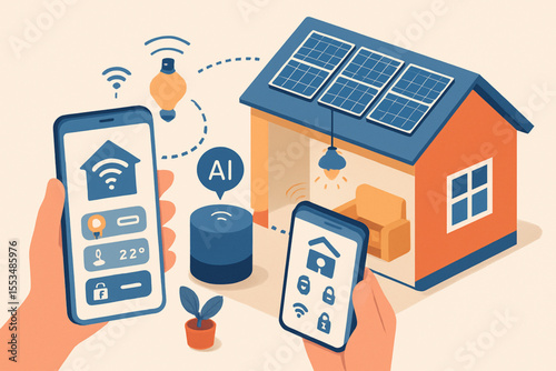 Smart home technology integrates solar energy, AI, and mobile apps for convenient home control and automation.