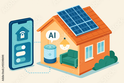 Smart home illustration featuring a house with solar panels, connected to a smartphone via AI technology.