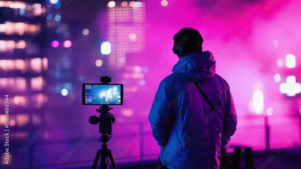 Person filming cityscape night with camera tripod recording video with vibrant purple lighting and colorful city lights creating atmospheric mood