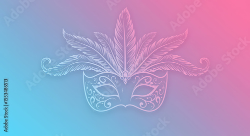 Elegant venetian carnival mask with feathers on a gradient pink and blue background