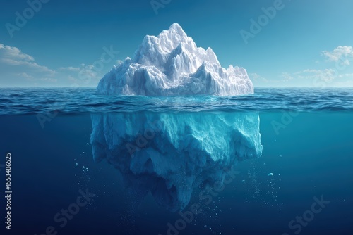 A large iceberg floats in a calm ocean, showing its visible tip above water and a massive submerged portion below the surface under a clear blue sky.