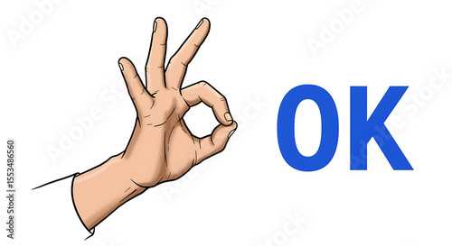 Hand making the ok sign beside blue ok text on a clean white background