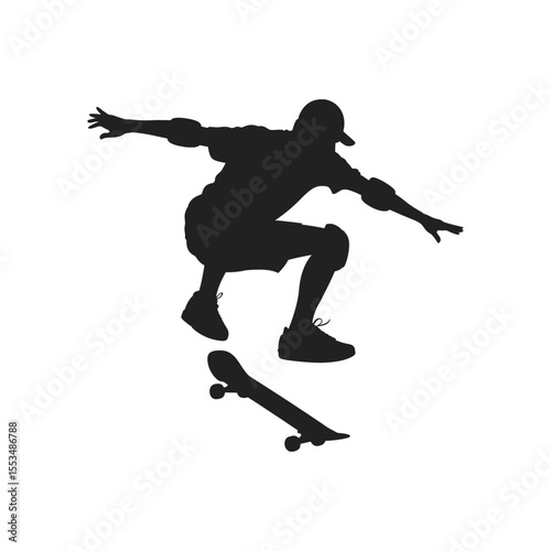Skateboarder in silhouette performing an aerial trick against a clean white background.