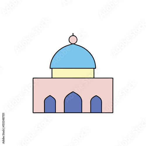 a mosque at dawn with pink and blue sky  flat past