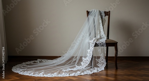 Elegant Bridal Veil with Lace Detail Draped on Chair