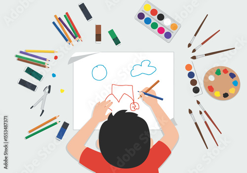 A child draws surrounded by art supplies like paintbrushes pencils and markers