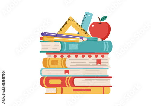 A stack of books with an apple rulers pencil and pen on top